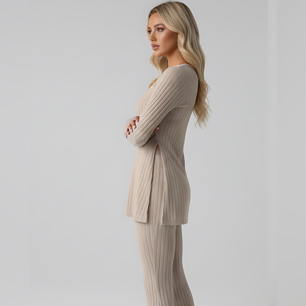 LAST ONE 🔥 Beige Ribbed Split Hem Tee & Flare Leg Pants - Picture 4 of 9